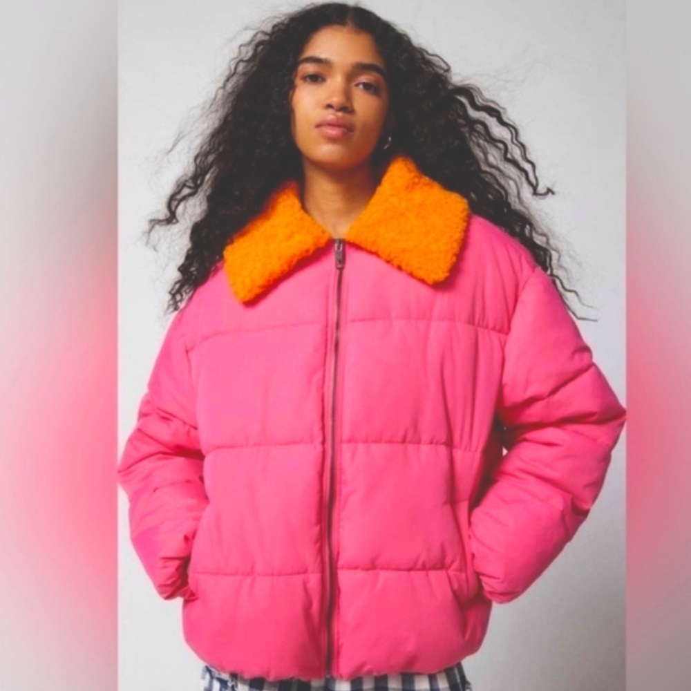 Urban Outfitters Pink Puffer Jacket Duckie Faux Shearling Collar Coat NWOT